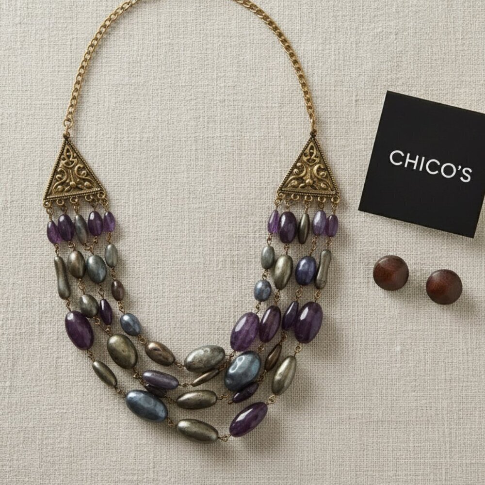 NEW Chicos Multi Strand Statement Necklace Colorful Beaded Adjustable Length